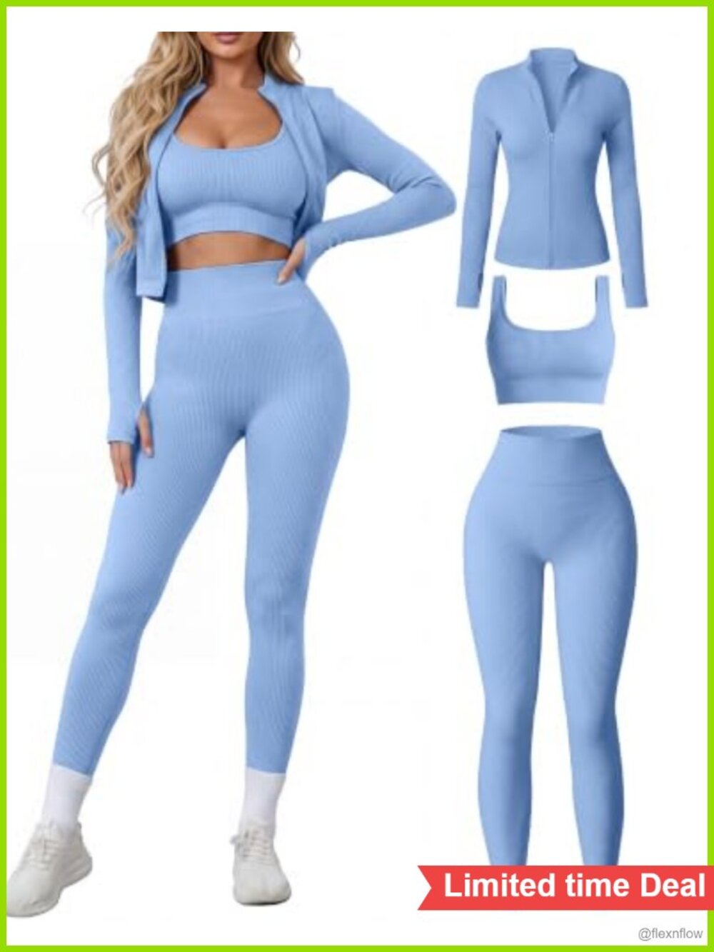 Seamless 3 Piece Workout Set Sports Bra Leggings Zip Jacket High Waisted